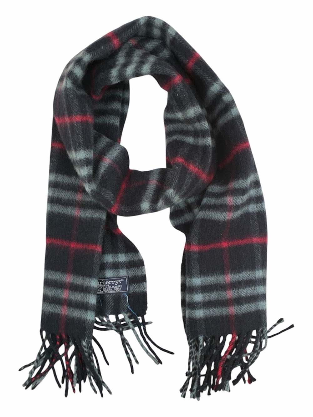 Burberry Cashmere Black Gray Plaid Scarf with Red Stripes